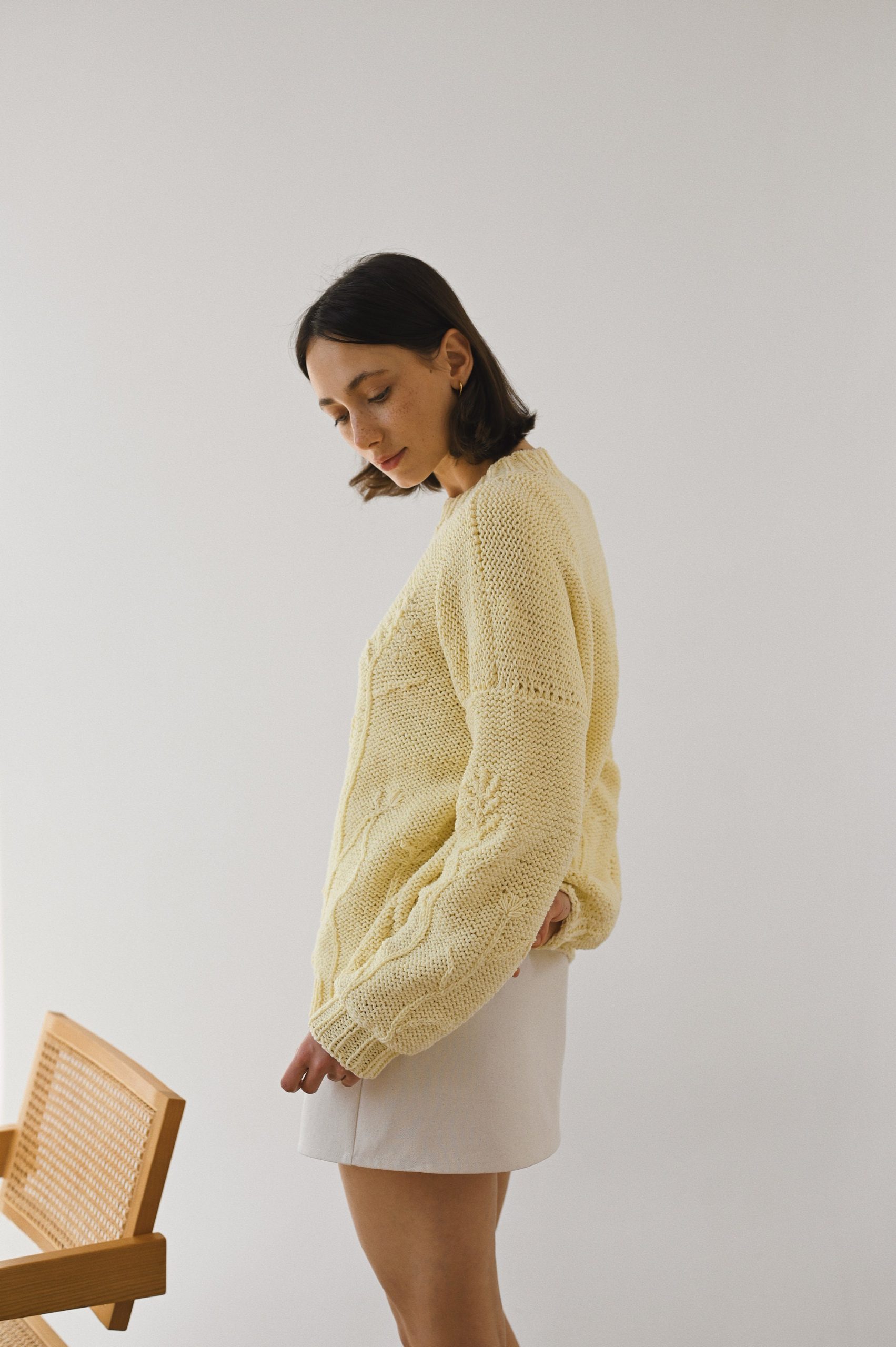 Hand-embroidered Yellow Floral Cotton Sweater - Chunky Knit Pullover