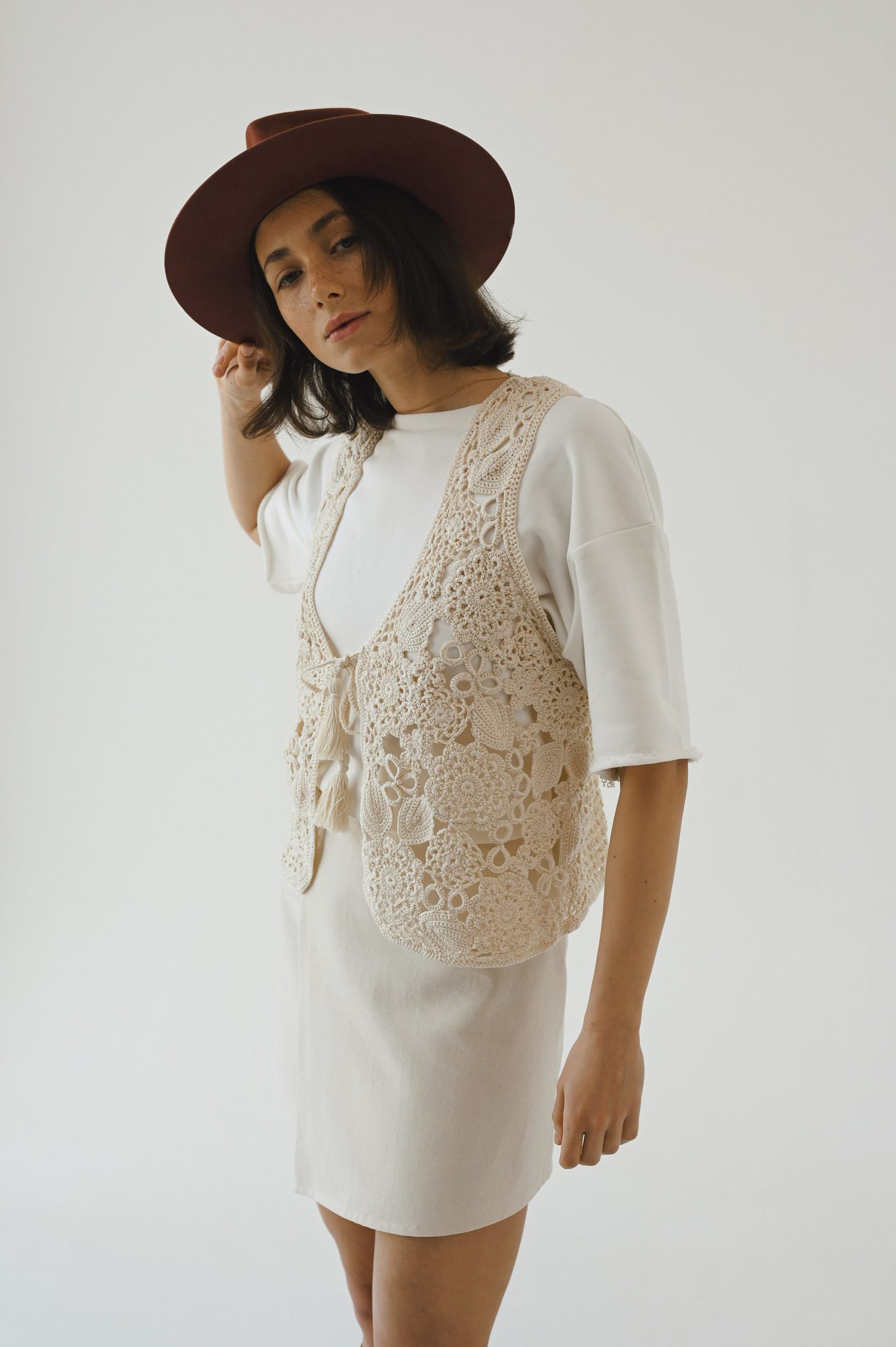 Handknit Cotton Lacy Slipover Vest: Tassel Tie Sleeveless Top