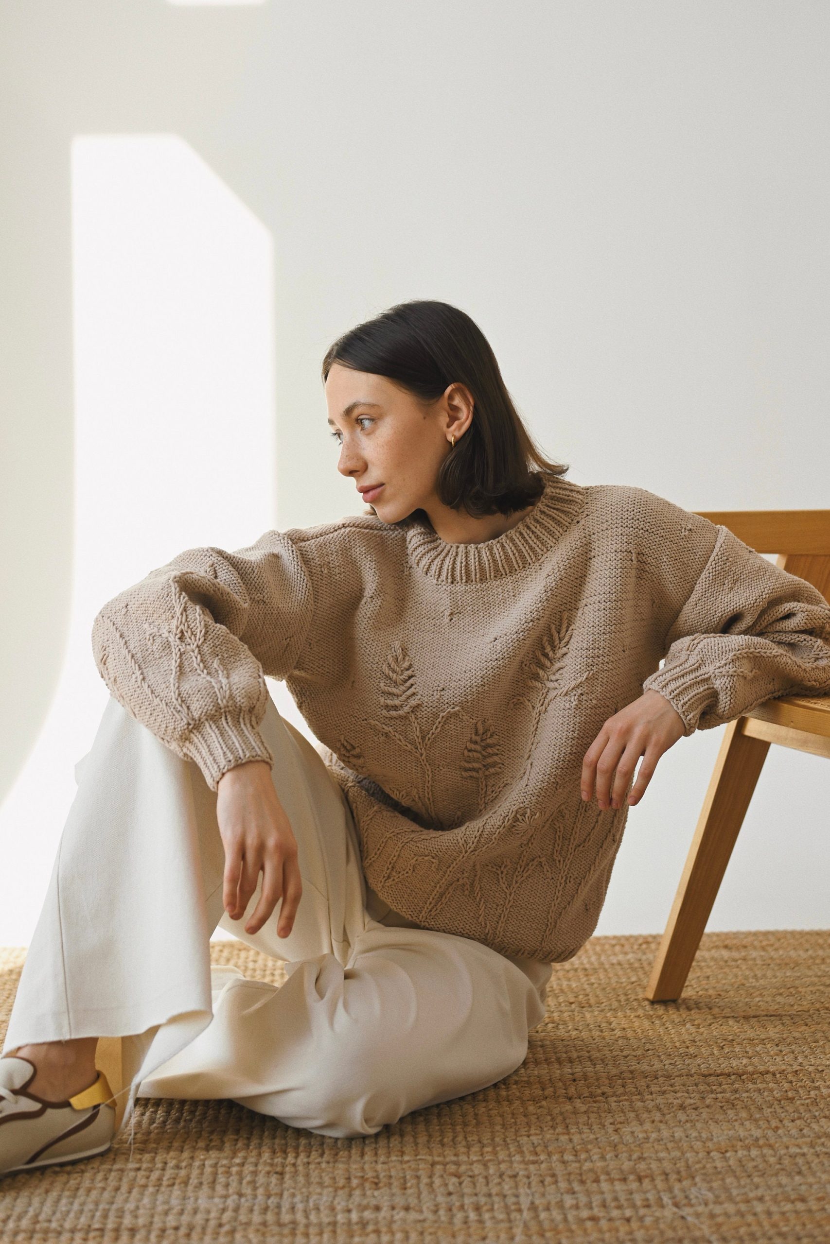 Hand-embroidered Yellow Floral Cotton Sweater - Chunky Knit Pullover