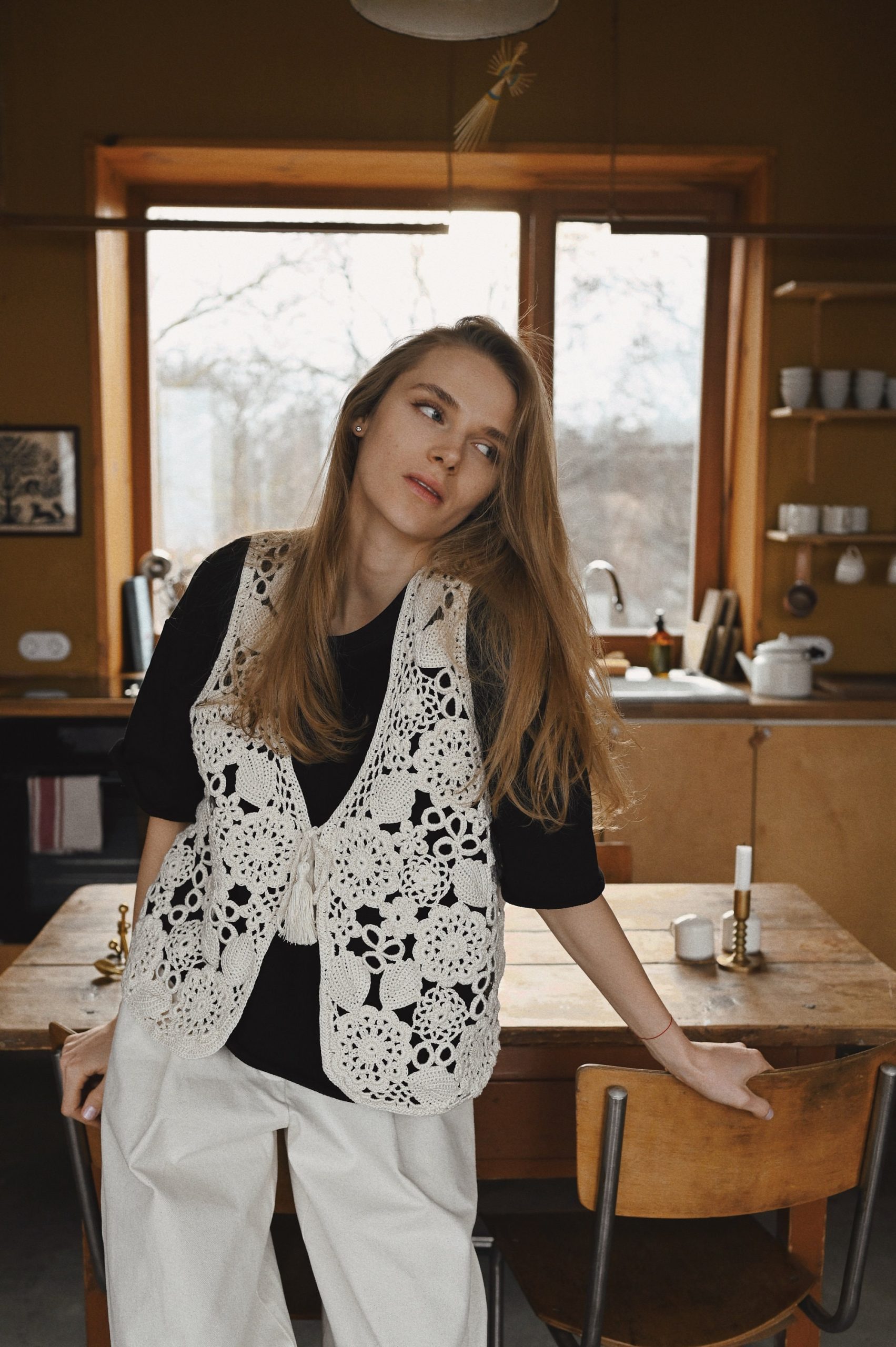 Handknit Cotton Lacy Slipover Vest: Tassel Tie Sleeveless Top