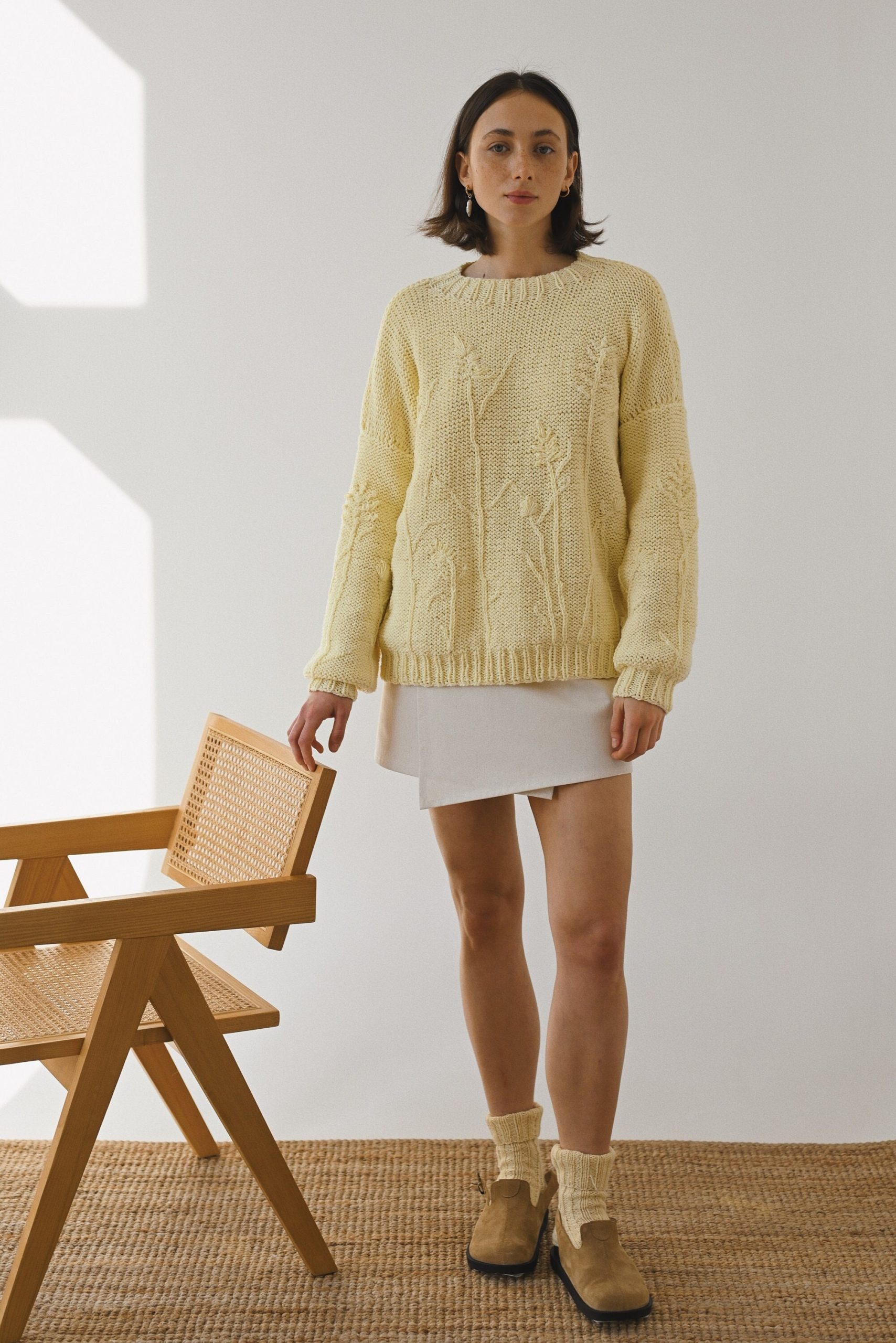 Hand-embroidered Yellow Floral Cotton Sweater - Chunky Knit Pullover