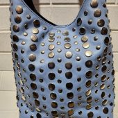 Moroccan Leather Tote – Soft Blue Studded Shoulder Bag | Handmade Boho Artisan Purse | Light Blue Shopper – Large & Small Sizes