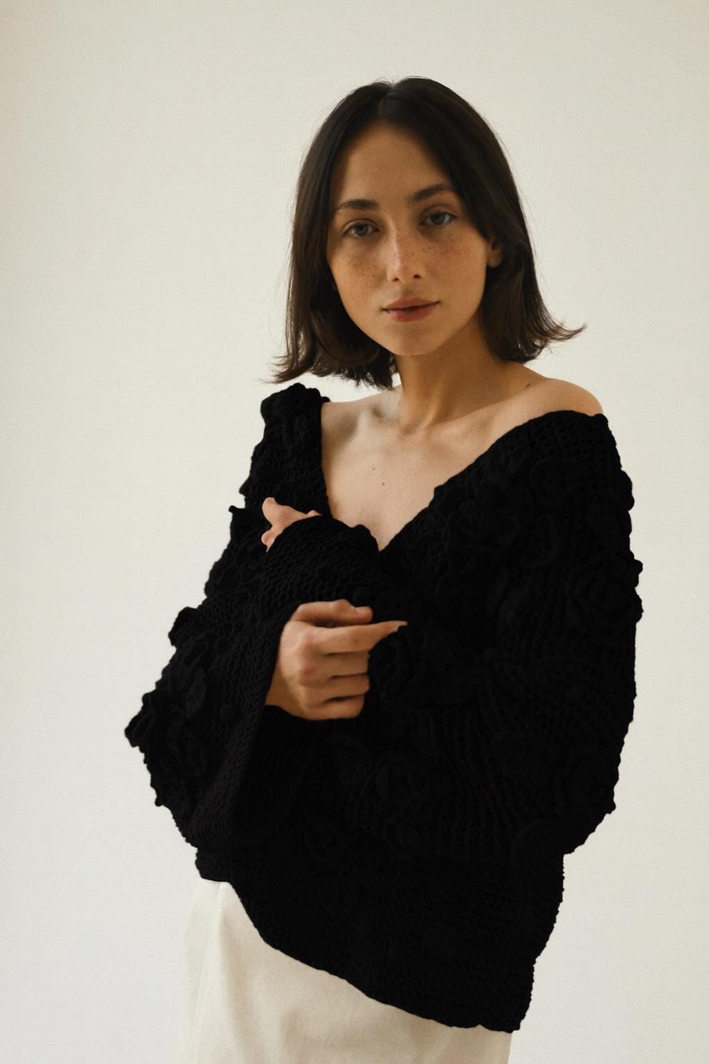 Handknit Cotton Cardigan: White V-neck Jacket With Embroidered Flowers