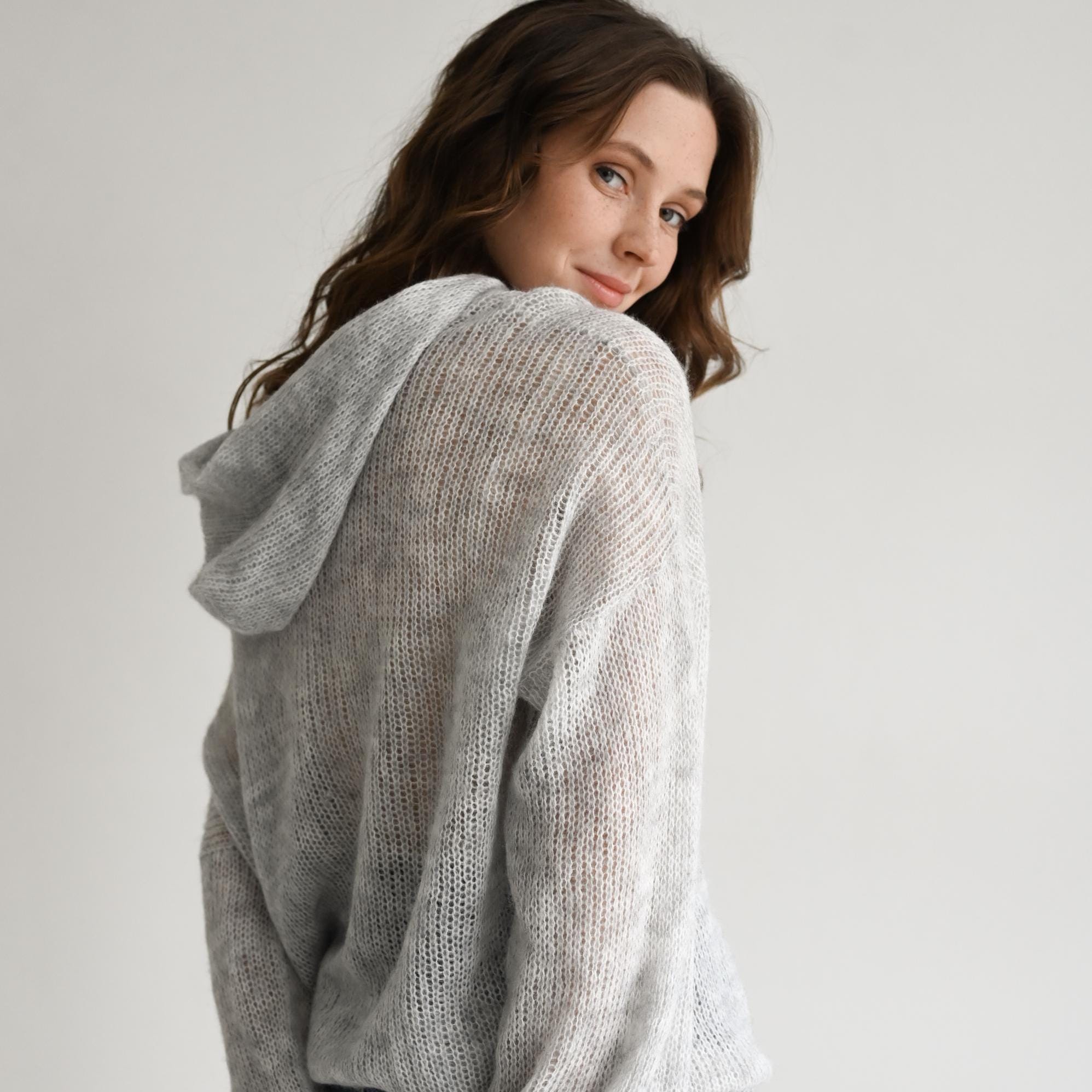 Hand Knitted Mohair Hoodie: Gray Slouchy Knitwear