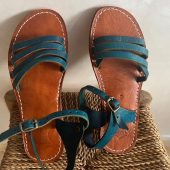 Handmade Moroccan Blue Leather Sandals Women Flat Strappy Summer Shoes