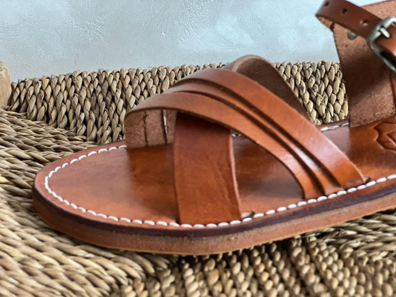 Handmade Moroccan Brown Leather Sandals – Cross Strap Flat Slides Women