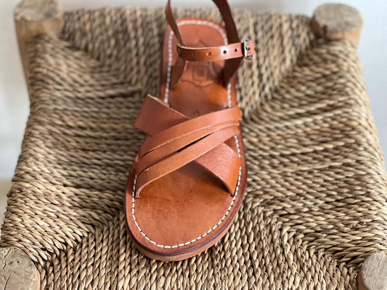 Handmade Moroccan Brown Leather Sandals – Cross Strap Flat Slides Women