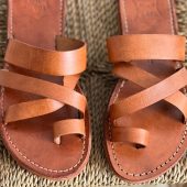 Handmade Moroccan Brown Leather Sandals – Toe Loop Cross Strap Slides Women