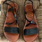 Black Braided Moroccan Leather Sandals – Handmade Flat Straps – Custom Fit