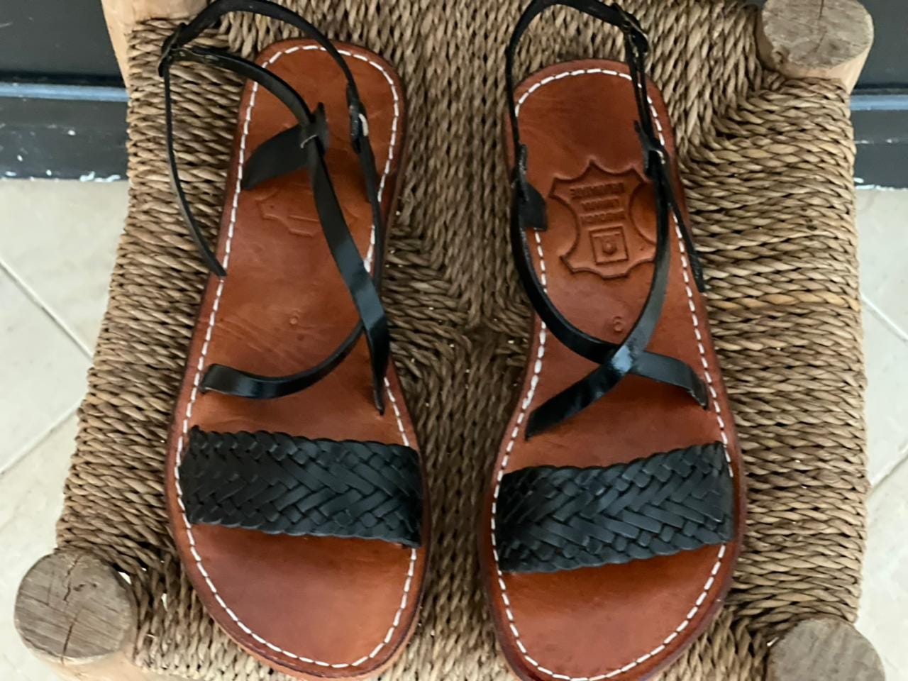 Black Braided Moroccan Leather Sandals – Handmade Flat Straps – Custom Fit